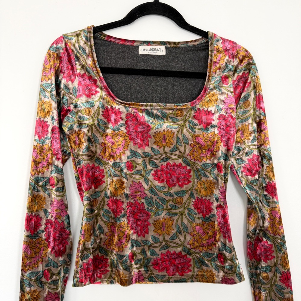 Natural Life Floral Velvet Square Neck Long Sleeve Top Pink Gold Small